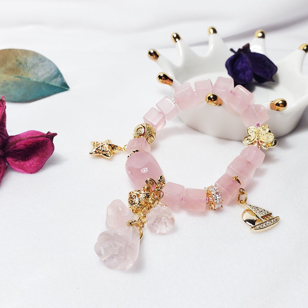 星光粉晶 魔方 好事莲莲 吉星高照 一帆风顺 手链 单品 礼物 - 手链/手环 - 宝石 粉红色