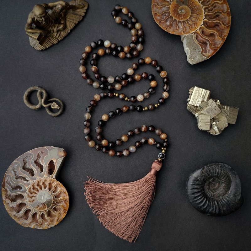 MALA INCA - 棕色玛瑙 108 颗颂经珠 念珠 - 长链 - 半宝石 咖啡色