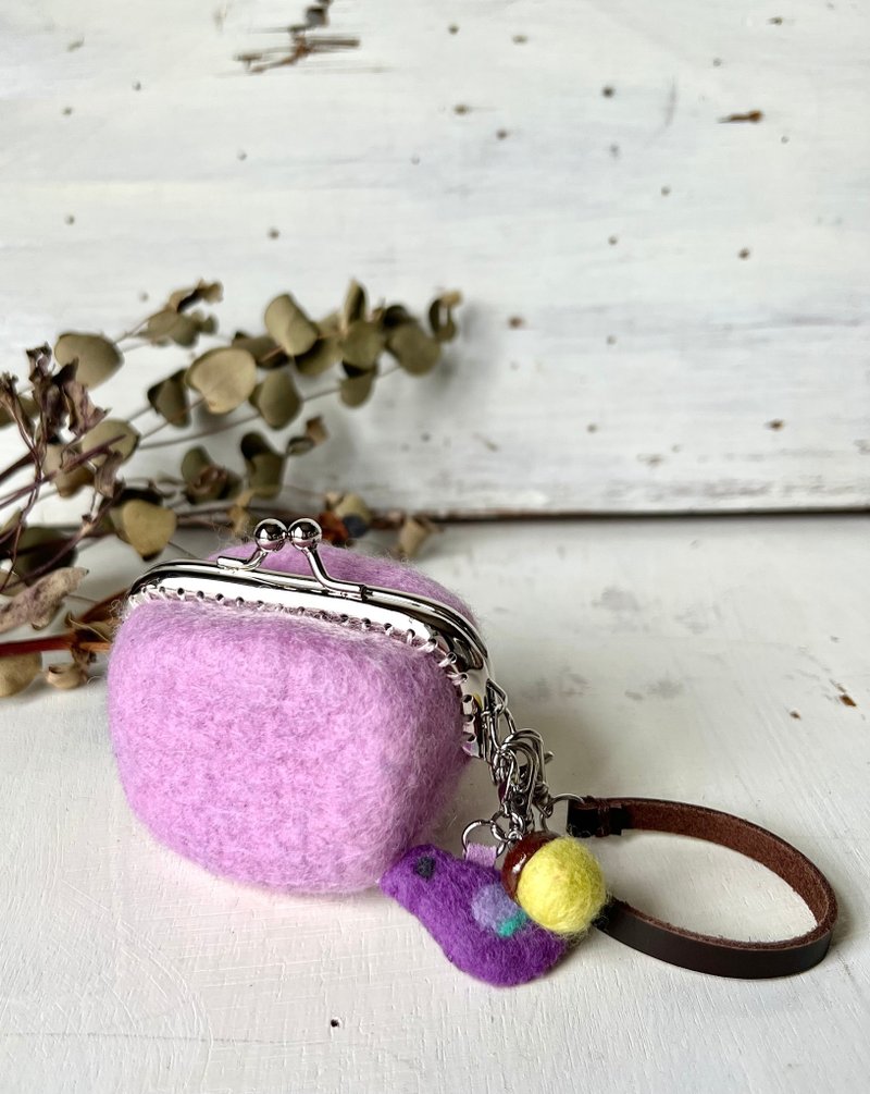 小鸟与橡果的羊毛毡方形零钱包 - 樱花 - 零钱包 - 羊毛 粉红色