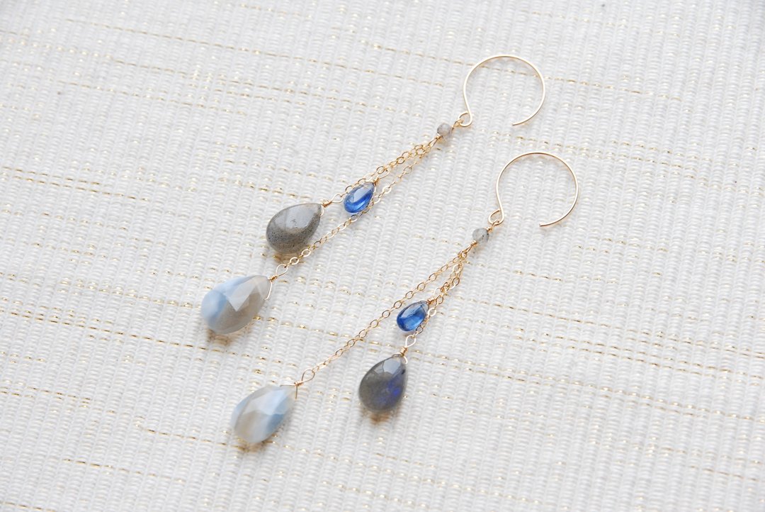 3 types of blue Stone chain earrings 14kgf - 耳环/耳夹 - 半宝石 蓝色