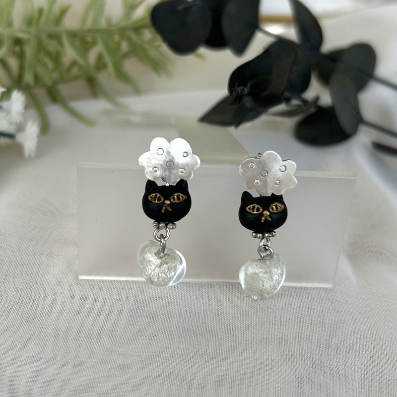 银色云朵与黑猫耳环 - 耳环/耳夹 - 贵金属 银色