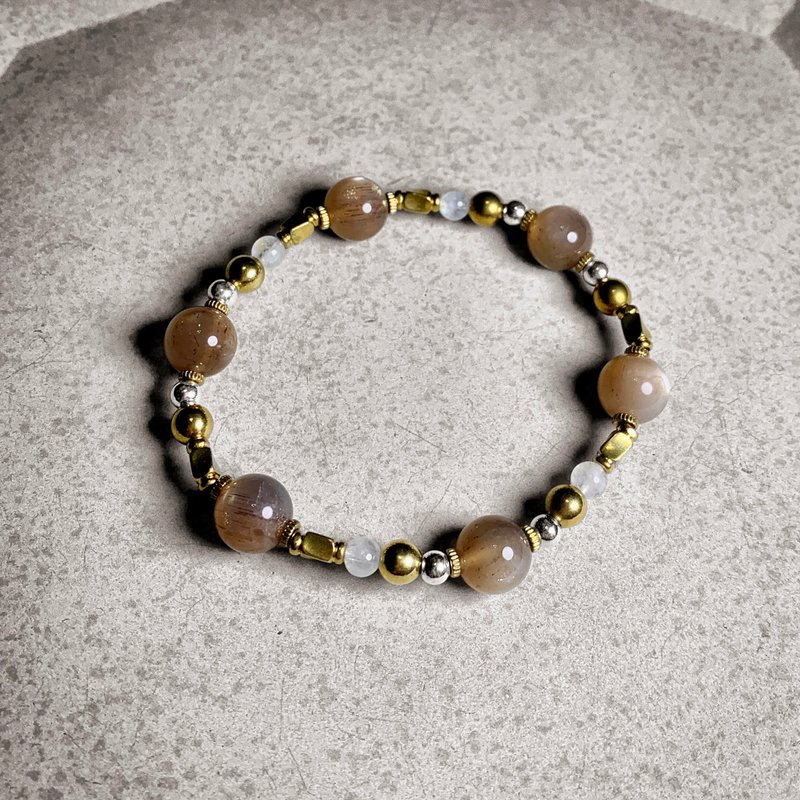 黑金骨干太阳 月光石 复古铜银制手串 - 手链/手环 - 半宝石 