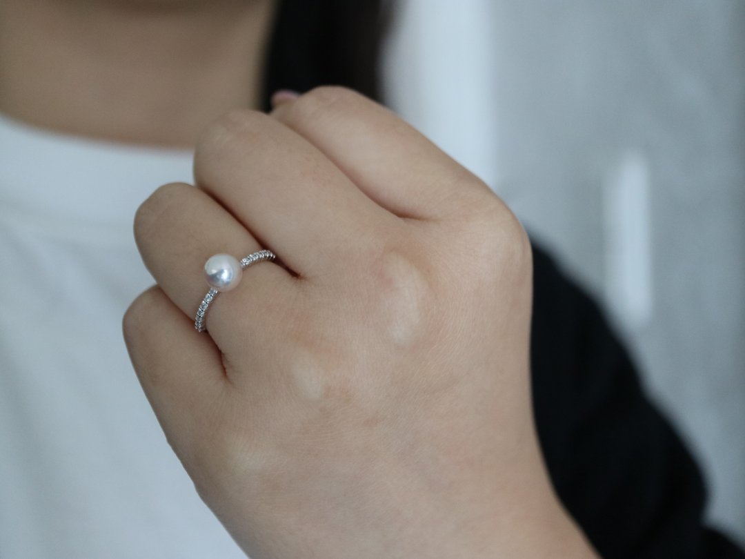 6.5mm 彩凛级 akoya 珍珠戒指 铂金镶钻戒指 日本制 婚戒 - 戒指 - 珍珠 白色