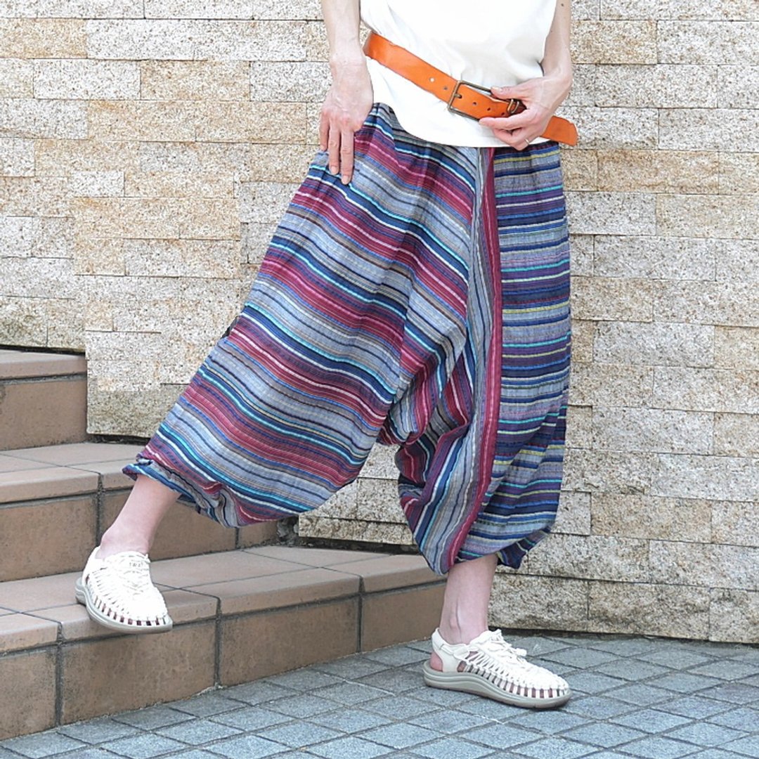 条纹拼接、裤管饱满的宽松可爱廓形、灯笼裤、红×紫、d-pn001 - 女装长裤 - 棉 多色