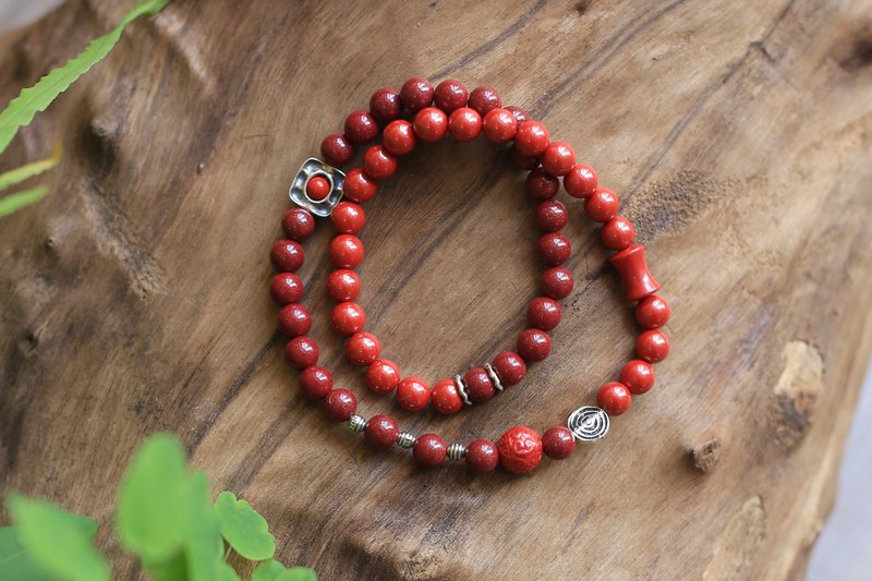 春秋手作 | 6mm原矿帝王砂 紫金砂 | s925纯银 | 双圈 新年 - 手链/手环 - 半宝石 红色