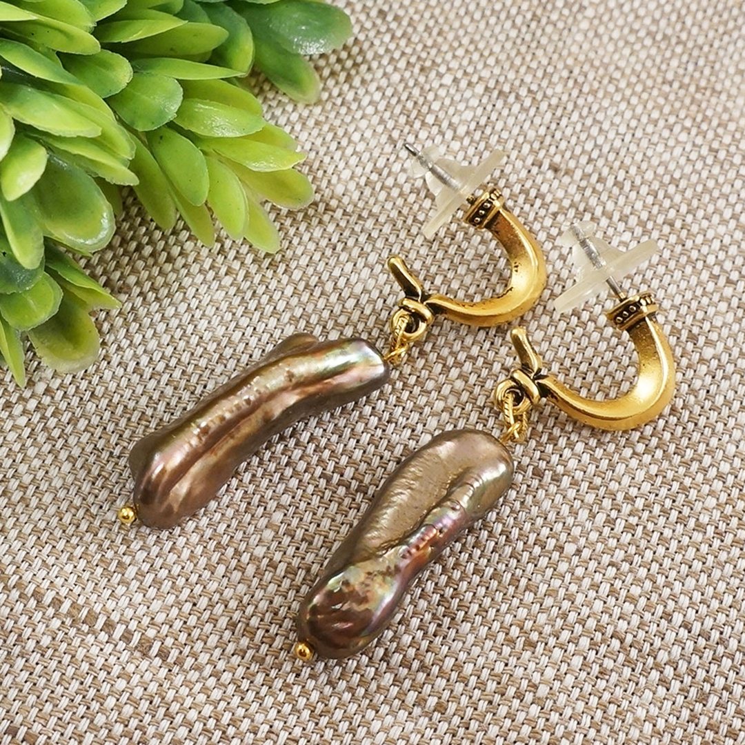 Beige Biwa Stick Pearl Earrings Golden Taupe Brown Long Dangle Earrings Jewelry - 耳环/耳夹 - 珍珠 金色