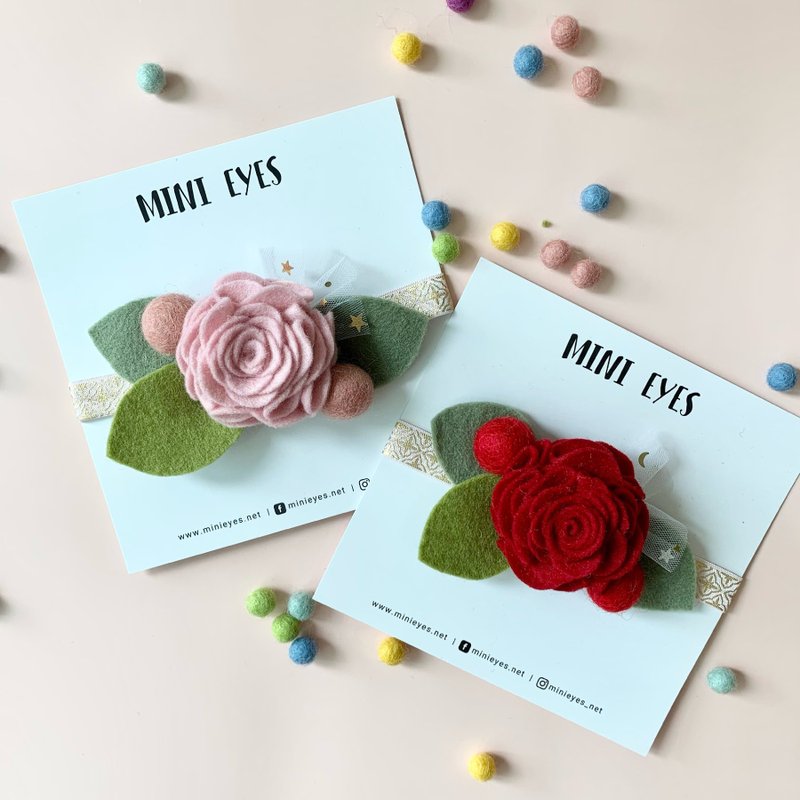 羊毛毡玫瑰花 婴儿发带 女孩 弥月礼盒  满月礼物 宝宝头带 毛毡 - 婴儿帽/发带 - 羊毛 红色