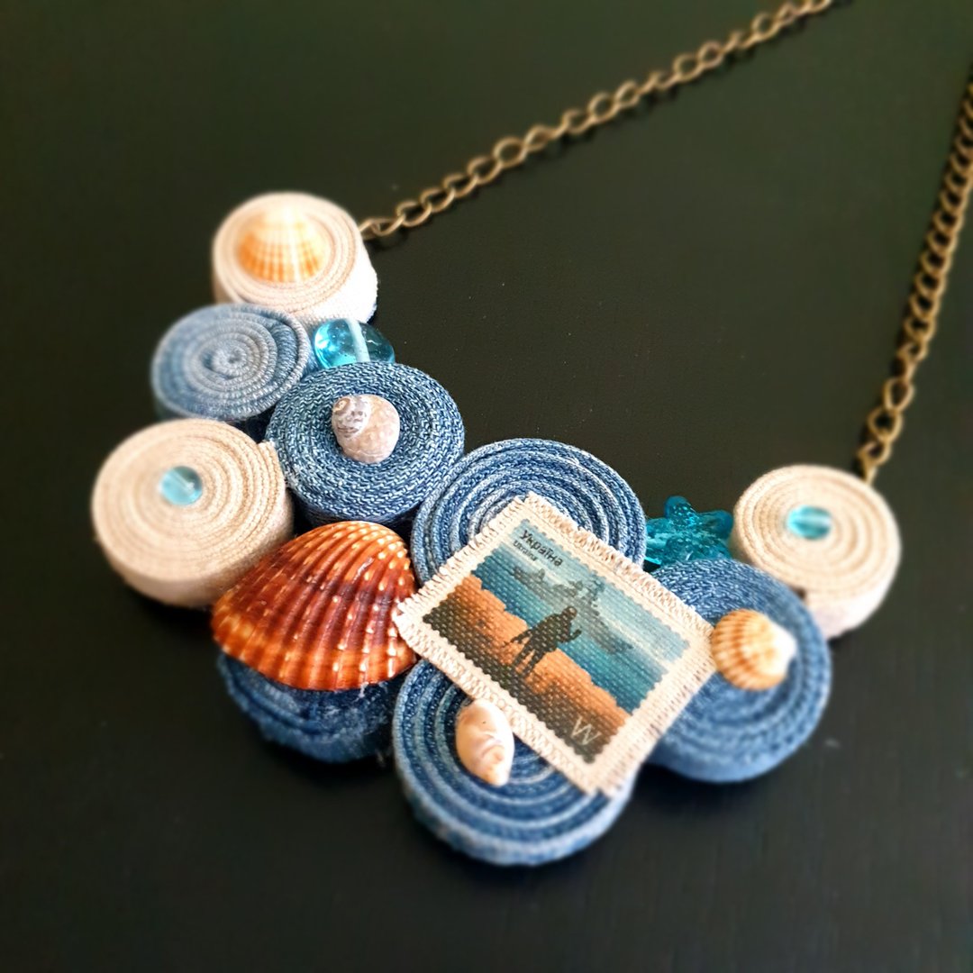 Recycled denim sea necklace Jeans necklace OOAK jewelry - 项链 - 其他金属 蓝色