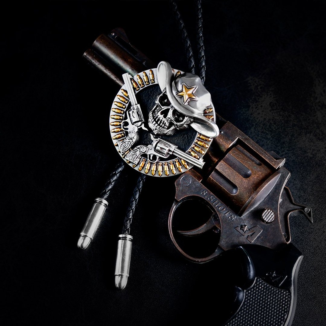 德州神枪手 保罗领带 Bolo Tie 皮革项链 皮绳领带 领绳领带 骷髅 - 领带/领带夹 - 人造皮革 银色