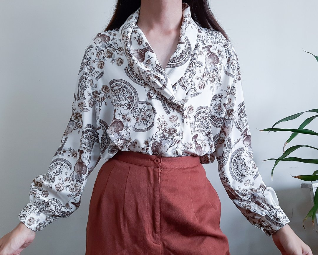 复古 80 年代巴洛克风格仿古印花衬衫双排扣上衣花卉花瓶印花 - 女装衬衫 - 聚酯纤维 咖啡色