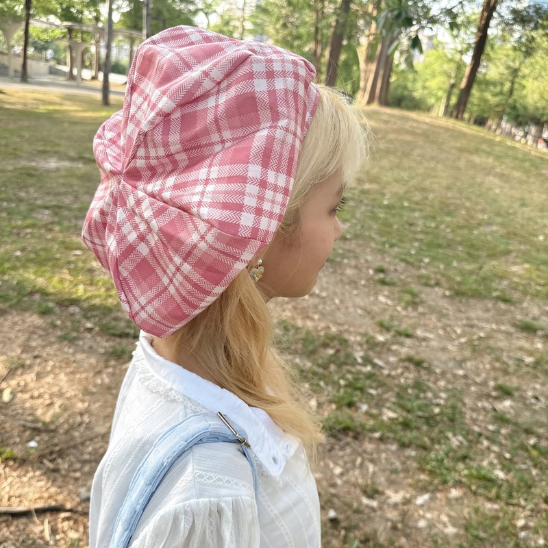 玛丽格纹 粉 纯棉 手作贝蕾帽 贝雷帽 - 帽子 - 棉．麻 粉红色