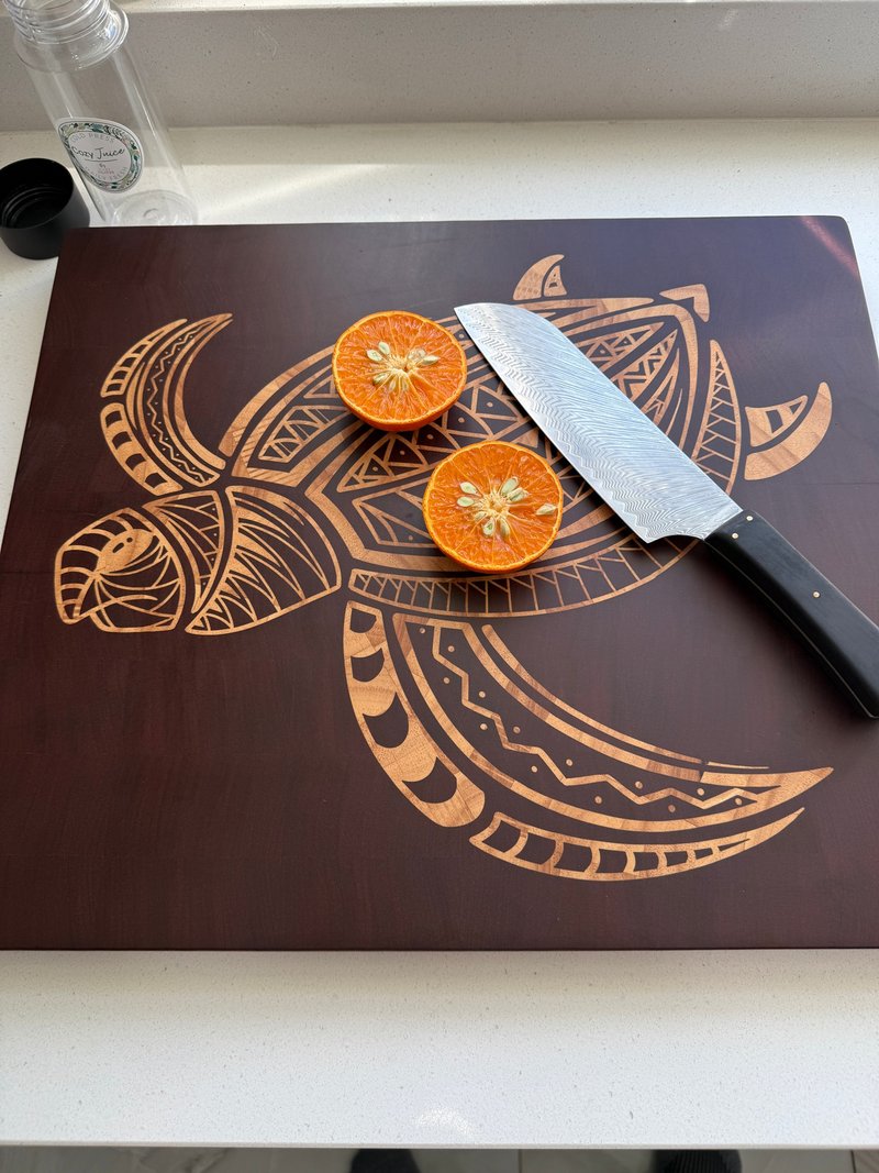 高级实木端木砧板 海龟图案木质镶嵌设计 - 托盘/砧板 - 木头 咖啡色