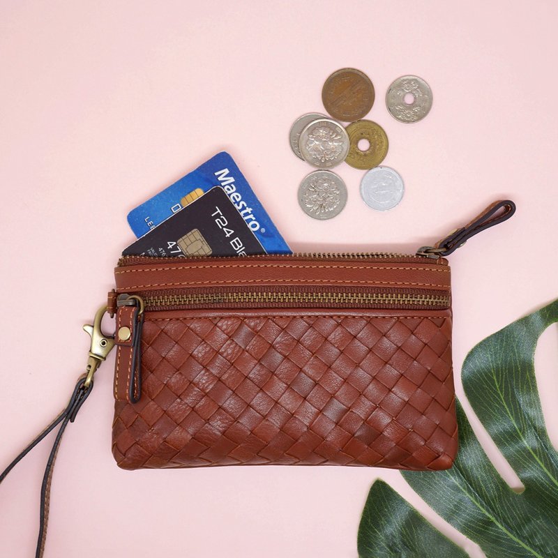 编织手拿包/钱包 - 手拿包 - 真皮 咖啡色
