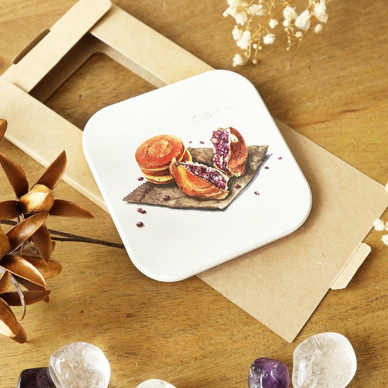 【红豆饼】手绘美食杯垫/莺歌陶瓷吸水杯垫/陶瓷杯垫/方形杯垫 - 杯垫 - 陶 橘色