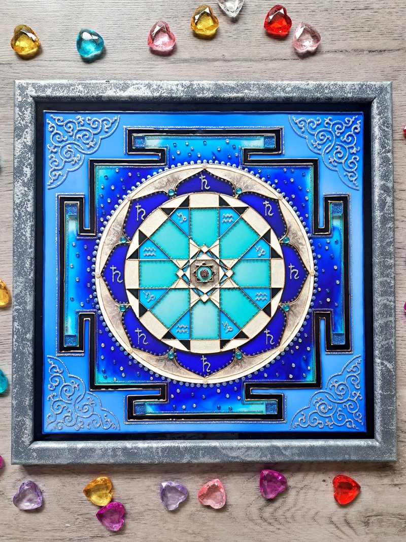 Sri Shani Saturn Yantra手绘彩色玻璃冥想瑜伽治疗装饰 - 墙贴/壁贴 - 玻璃 蓝色