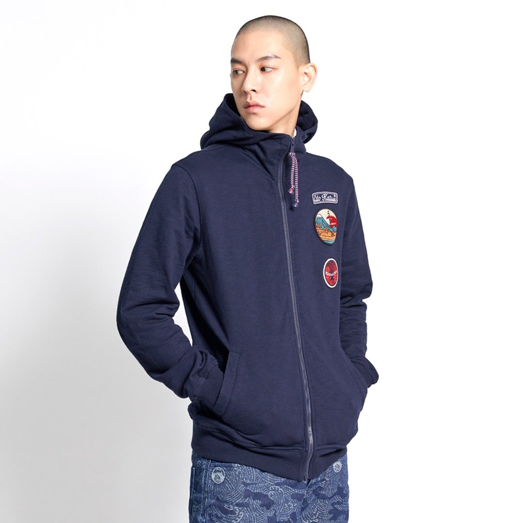 江户胜 日系 男装 大渔系列 双徽章连帽拉链外套(丈青色) #上衣 - 男装外套 - 棉．麻 蓝色