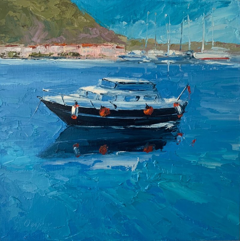 Original Seascape Oil Painting On Canvas Boat Landscape Textured Impasto Artwork - 墙贴/壁贴 - 棉 多色