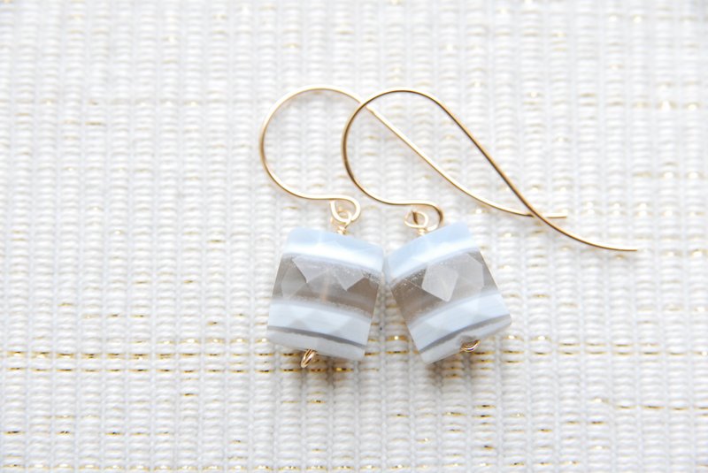 Striped Blue Opal Reclanged Cut Earrings no.10 14kgf - 耳环/耳夹 - 半宝石 蓝色