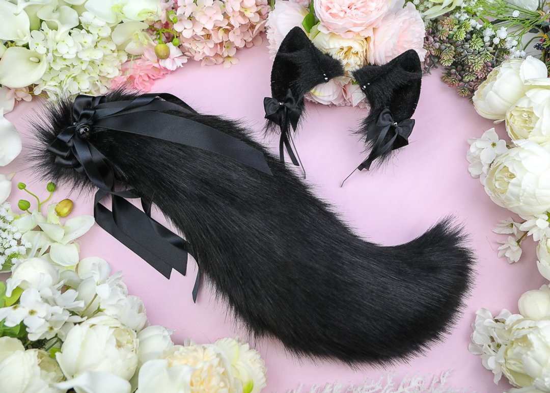 Black Fox Ears and Tail Set Faux Fur Ears and Tail Set - 发饰 - 其他人造纤维 黑色