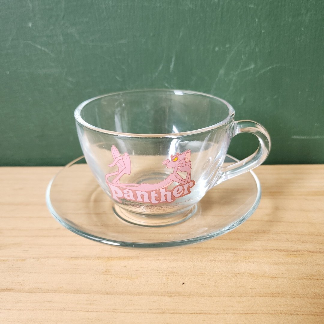 【北极二手杂货】早期 粉红豹 玻璃杯盘组 - 茶具/茶杯 - 瓷 粉红色