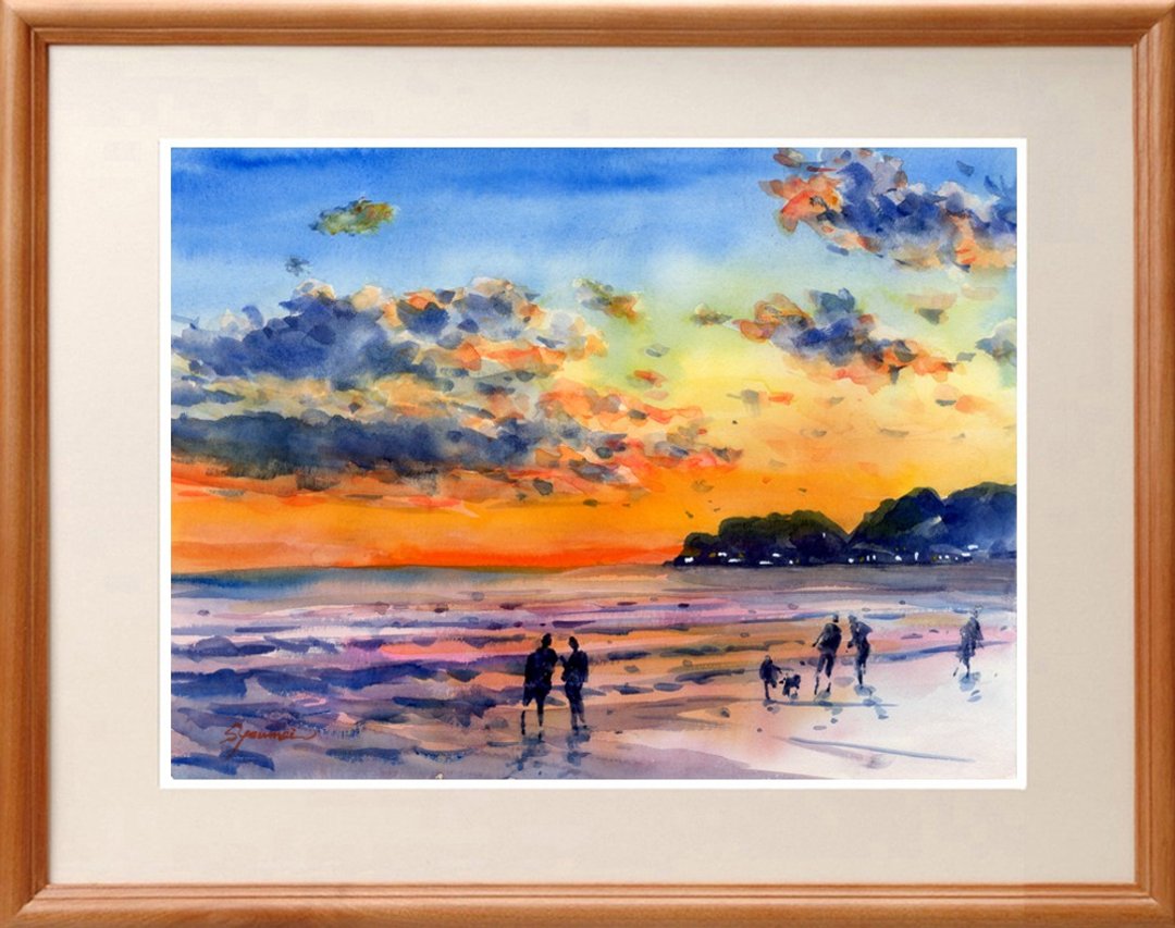 Original watercolor painting Sunset Yuigahama, Kamakura - 海报/装饰画/版画 - 纸 红色