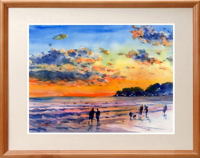 Original watercolor painting Sunset Yuigahama, Kamakura - 海报/装饰画/版画 - 纸 红色