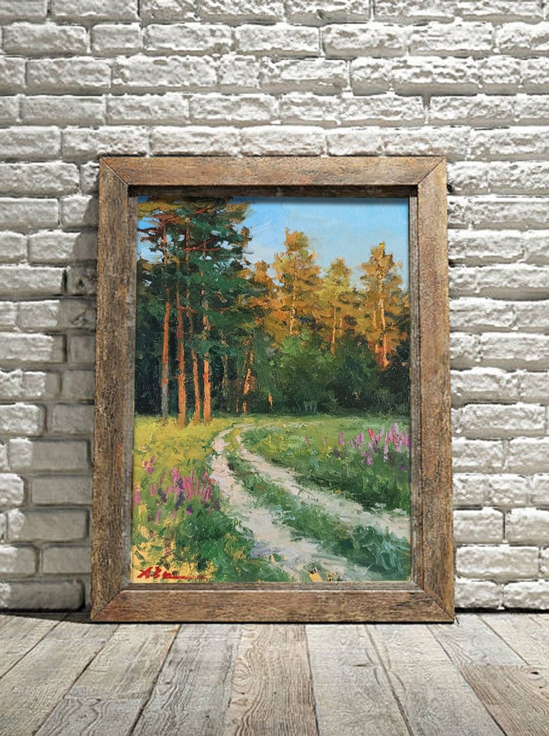 Summer Evening Landscape Pine Tree Forest Original Oil Painting Home Wall Decor - 墙贴/壁贴 - 其他材质 绿色