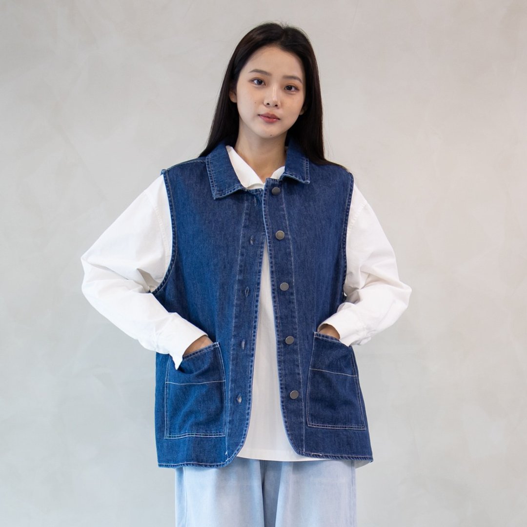 复古牛仔马甲 深蓝F - 女装背心 - 棉．麻 蓝色