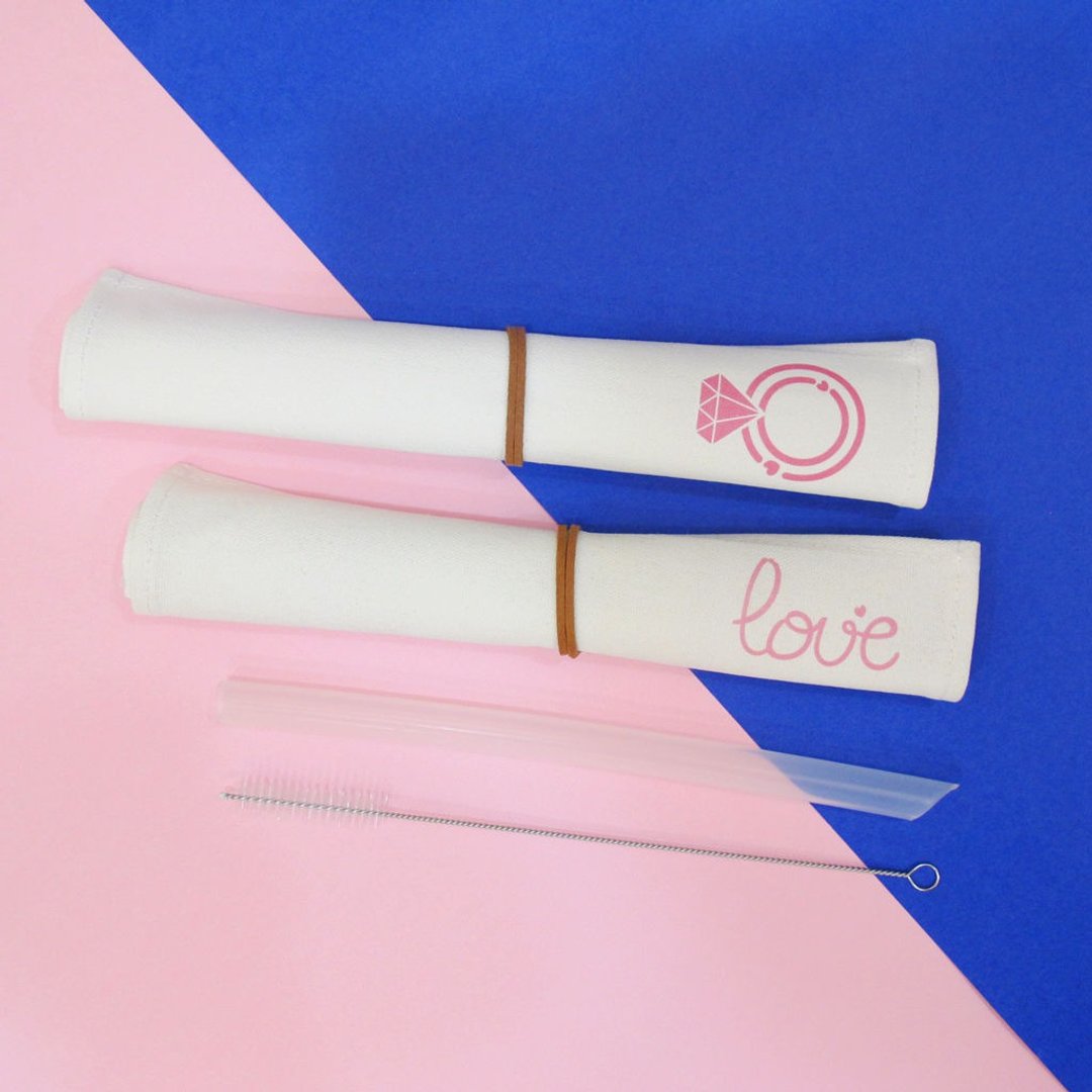 婚礼小物 环保吸管 帆布收纳套组 含硅胶吸管 爱与永恒钻石 - 环保吸管 - 环保材料 白色