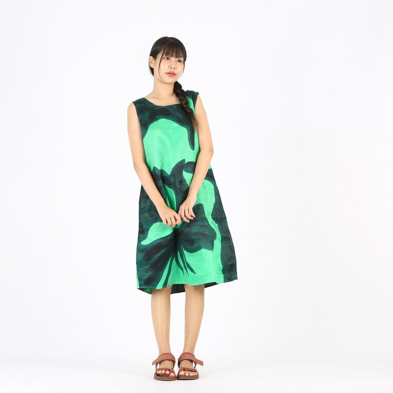 Short Dress Linen Hand Paint - 洋装/连衣裙 - 棉 绿色