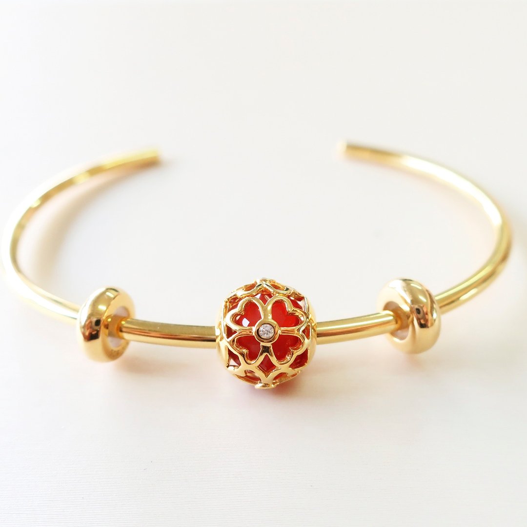 Silver Bangle Set with Natural stone Bead - 手链/手环 - 纯银 黄色