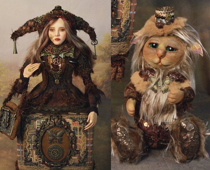 Steampunk Doll Alexandra and Mr. Wiseman, Handmade Interior OOAK Art Doll - 摆饰 - 粘土 咖啡色