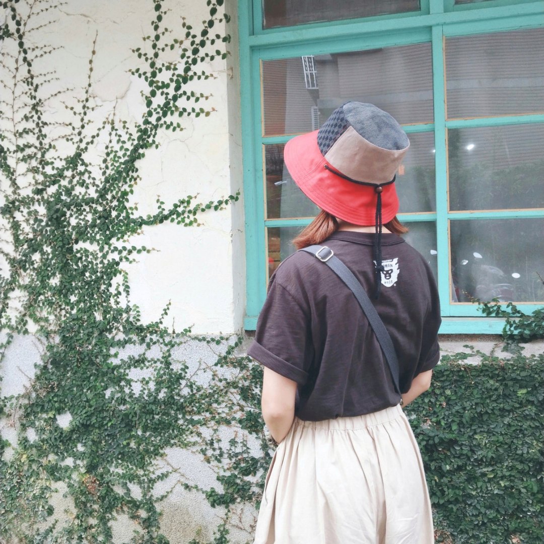 小牛村 手工帽 遮阳帽 渔夫帽 拼接棋盘格【红黑潮格】 - 帽子 - 棉 黑色