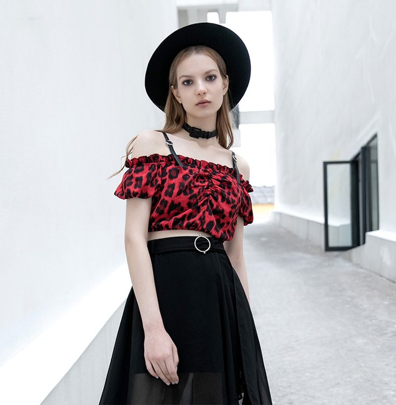 哥德精灵皮质吊带露肩上衣 - 多色 - 女装上衣 - 其他材质 红色