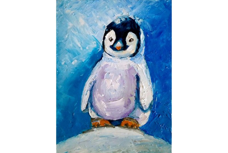 Penguin Original Painting Bird Wall Art Animal Artwork Miniature Picture, 手工油畫 - 海报/装饰画/版画 - 其他材质 多色