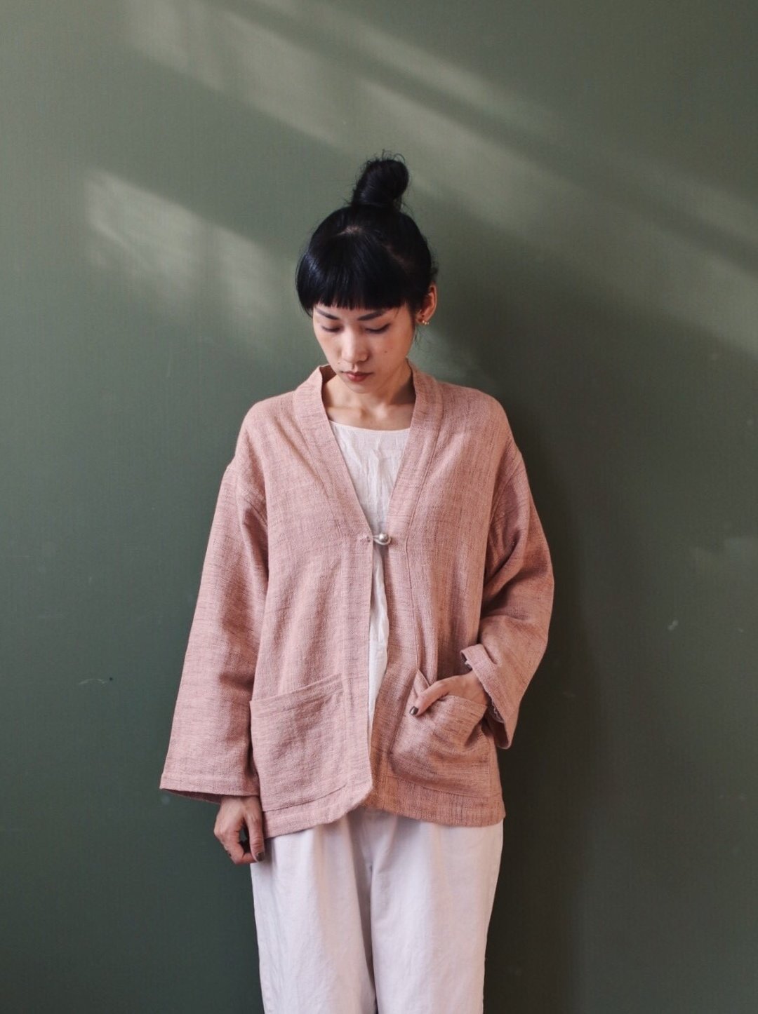 OMAKE  Remake 然染银珠扣手织布和服外套 粉红橘 - 女装休闲/机能外套 - 棉 粉红色