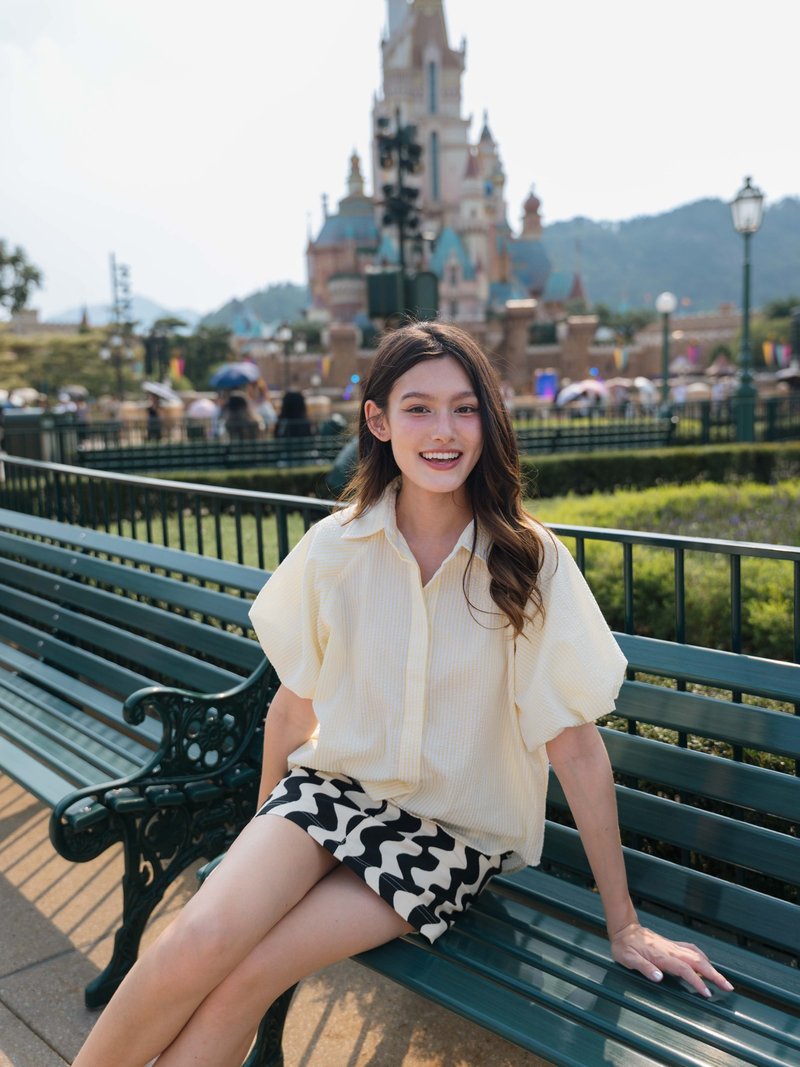 BIRUCHU 灯笼袖衬衫 : 黄蓝色 - 女装衬衫 - 棉．麻 黄色