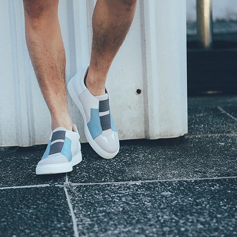 几何色块拼接 高筒真皮绷带休闲鞋 白蓝灰 男款 - 男款休闲鞋 - 真皮 灰色