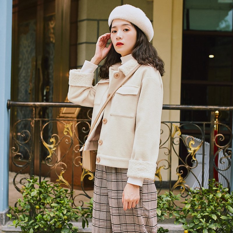 女装冬季穿搭羊羔毛双口袋短款外套 YTD8849 - 女装休闲/机能外套 - 聚酯纤维 白色