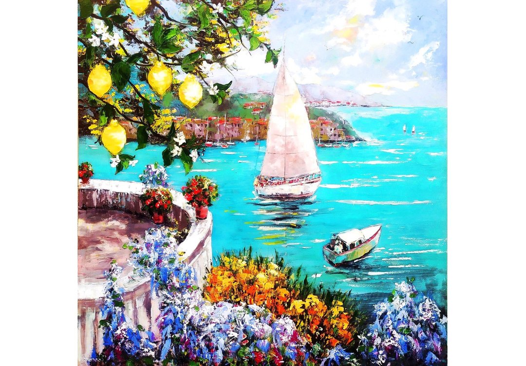Italy Painting Amalfi Original Art Sea Painting Impasto Large Oil Painting 32x32 - 墙贴/壁贴 - 其他材质 蓝色