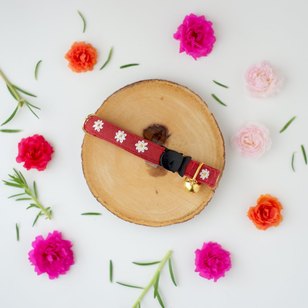 : MINI DAISIES : Ruby red  - Handmade embroidered flower breakaway cat collar - 项圈/牵绳 - 棉 红色