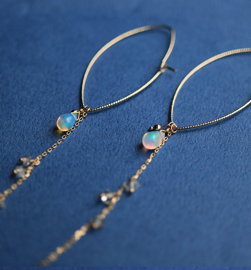 高品质珍贵蛋白石 Herkimer 钻石 K10 马眼形耳针~RADIANT MOMENTS~ - 耳环/耳夹 - 宝石 多色