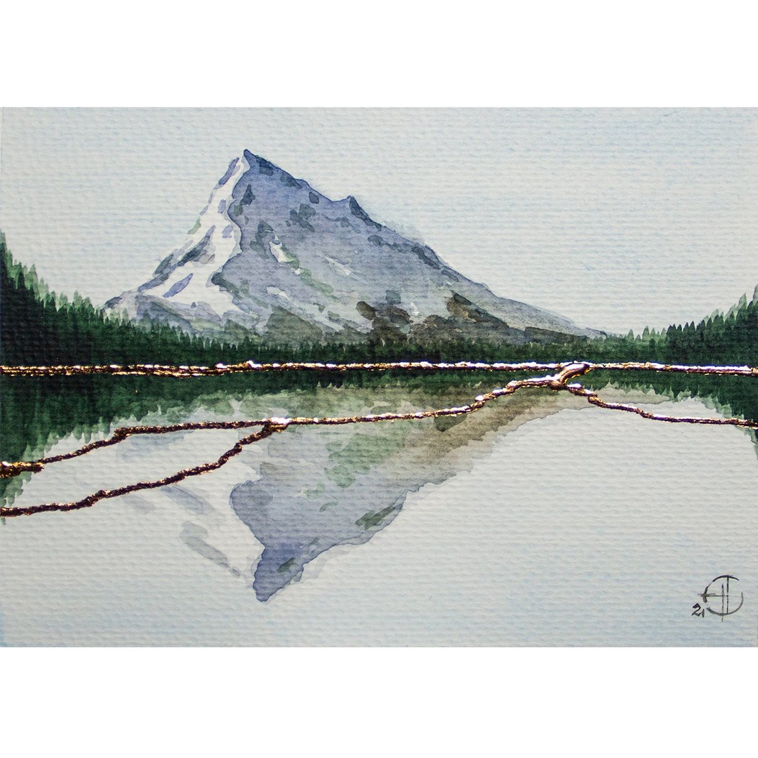 Mountain Lake Original Art Pine Trees Watercolor Painting Abstract Landscape Art - 海报/装饰画/版画 - 纸 蓝色