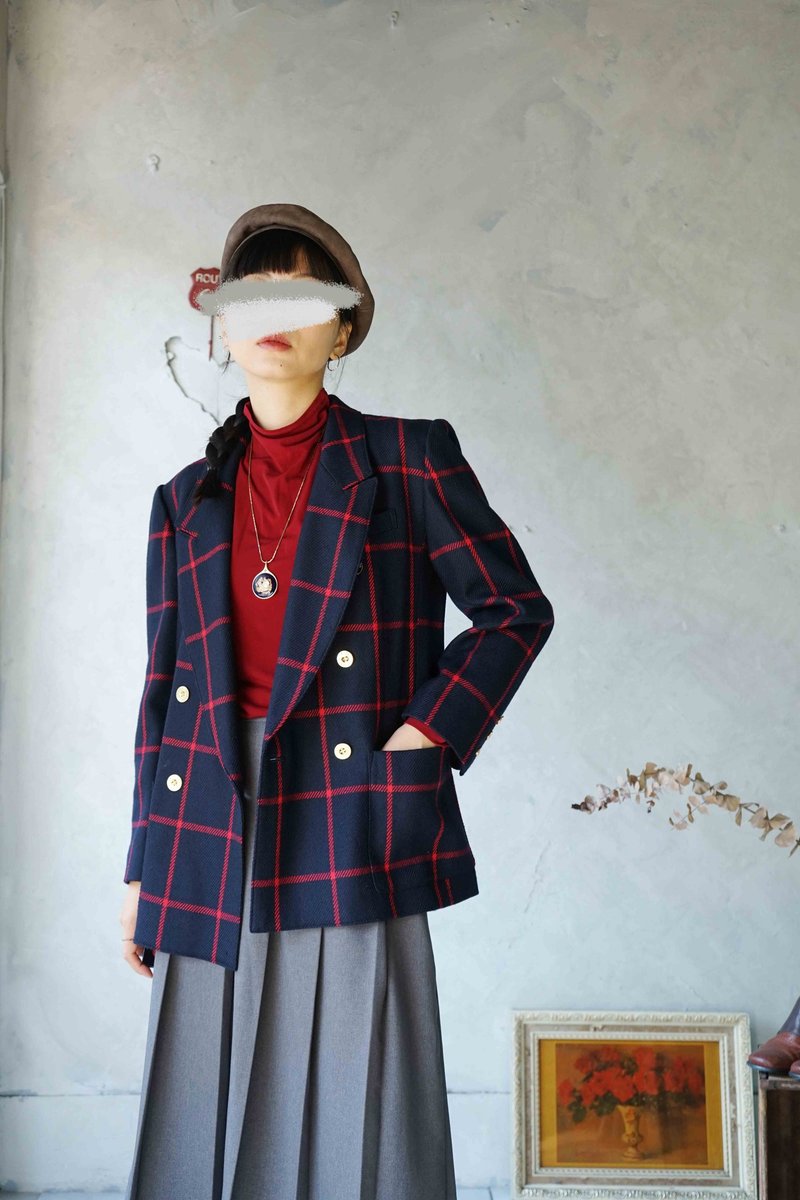 寻宝古着-Leilian英伦深蓝红格子双排扣西装外套 - 女装西装外套/风衣 - 羊毛 蓝色