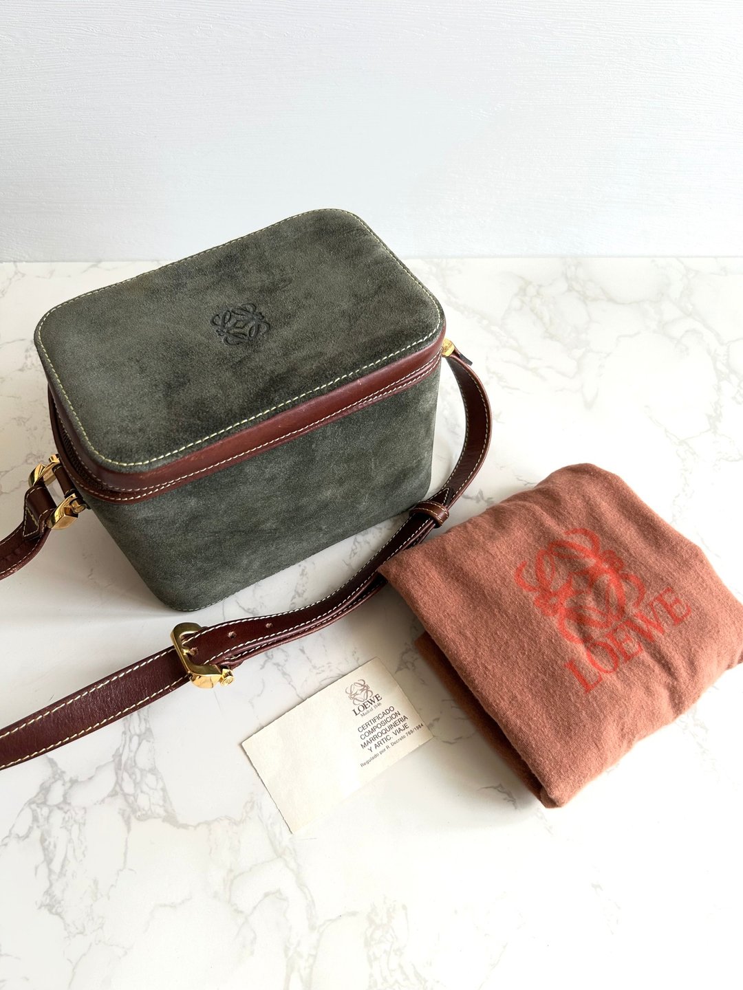 绝版古董包 Loewe中古二手拼色盒子 侧背包 斜孭包 皮革包 单肩包 - 侧背包/斜挎包 - 真皮 咖啡色
