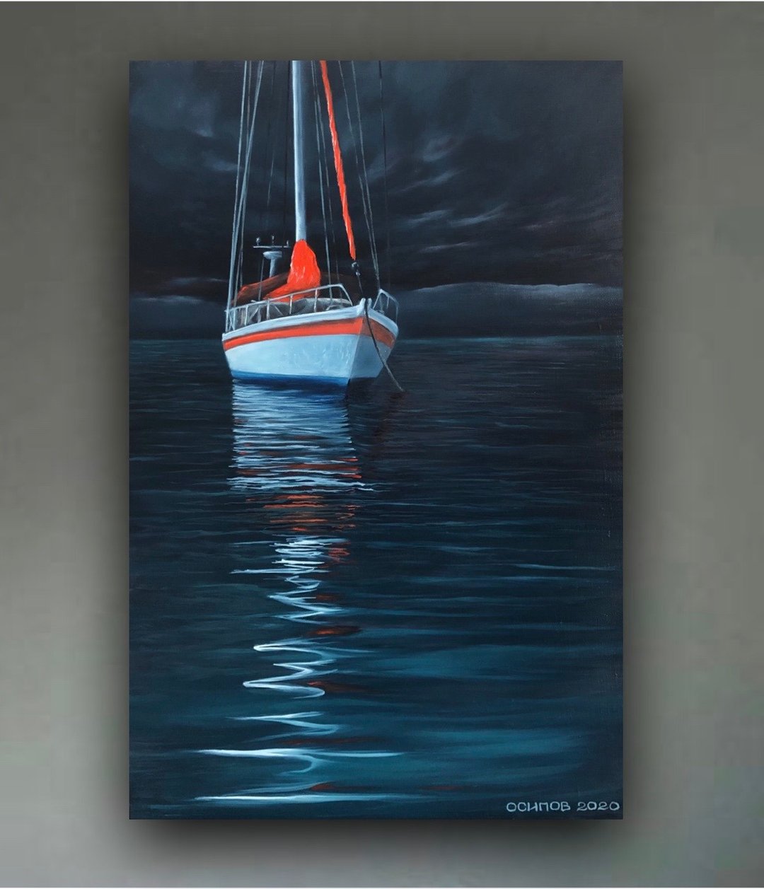 Original Oil Painting On Canvas Boat Seascape Yacht Painting Stormy Landscape - 墙贴/壁贴 - 棉 多色
