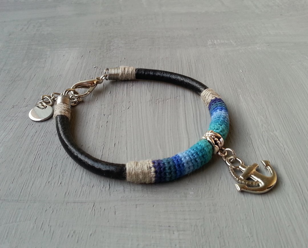 Anchor Bracelet For Men Leather and Crochet Shades of Ocean Blue - 手链/手环 - 真皮 蓝色