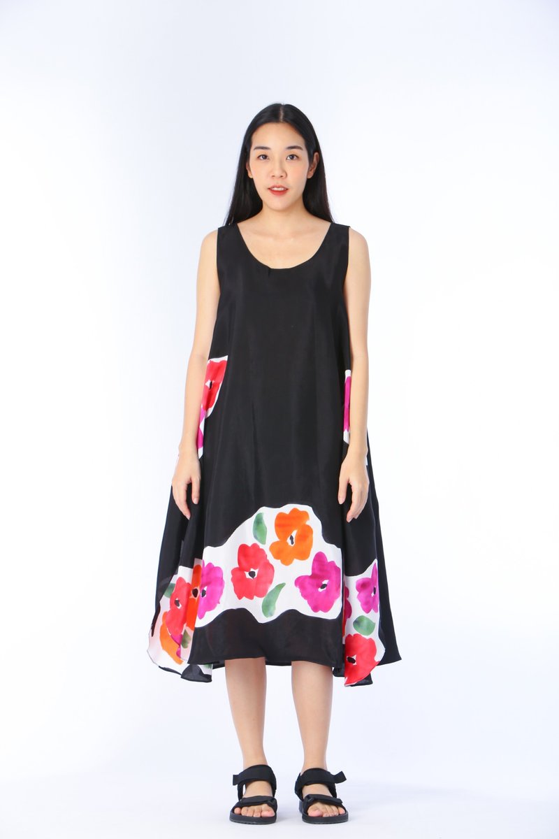 Dress Hand Paint Soft Cotton Silk for Yoga Vacation Holidays - 洋装/连衣裙 - 棉．麻 黑色