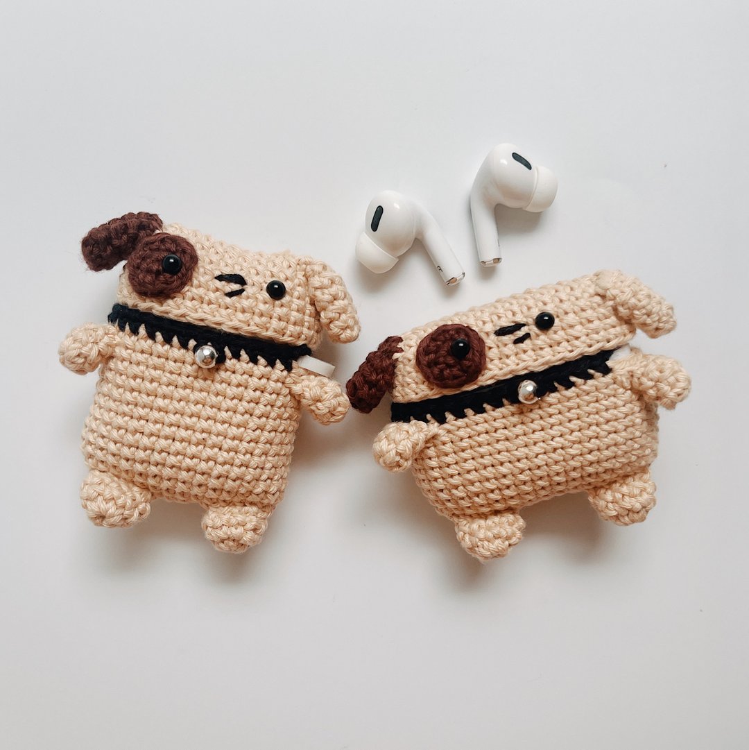 Brown Dog AirPod 1/2/3/Pro Crochet with Silicone Case, cute airpods 2 保護套 - 耳机收纳 - 棉．麻 卡其色