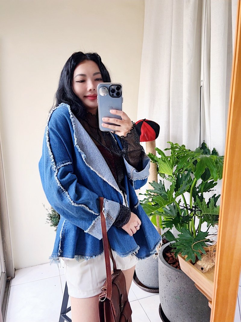 蓝色拼布休闲随性周末假期 薄料抽须经典牛仔开襟无扣外套外罩衫 - 女装休闲/机能外套 - 棉．麻 蓝色